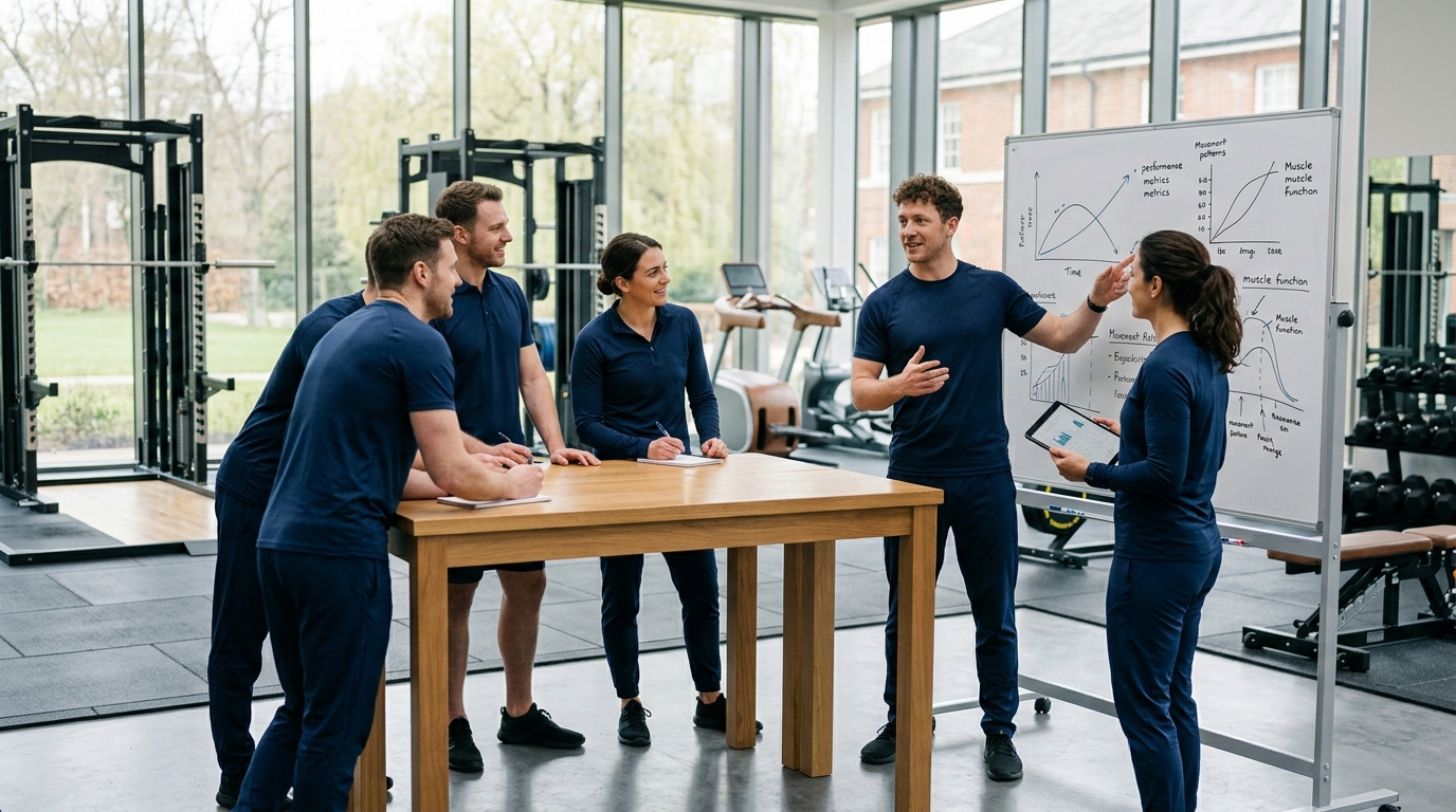 Fitness educators in a clean, modern UK training facility discussing curriculum standards