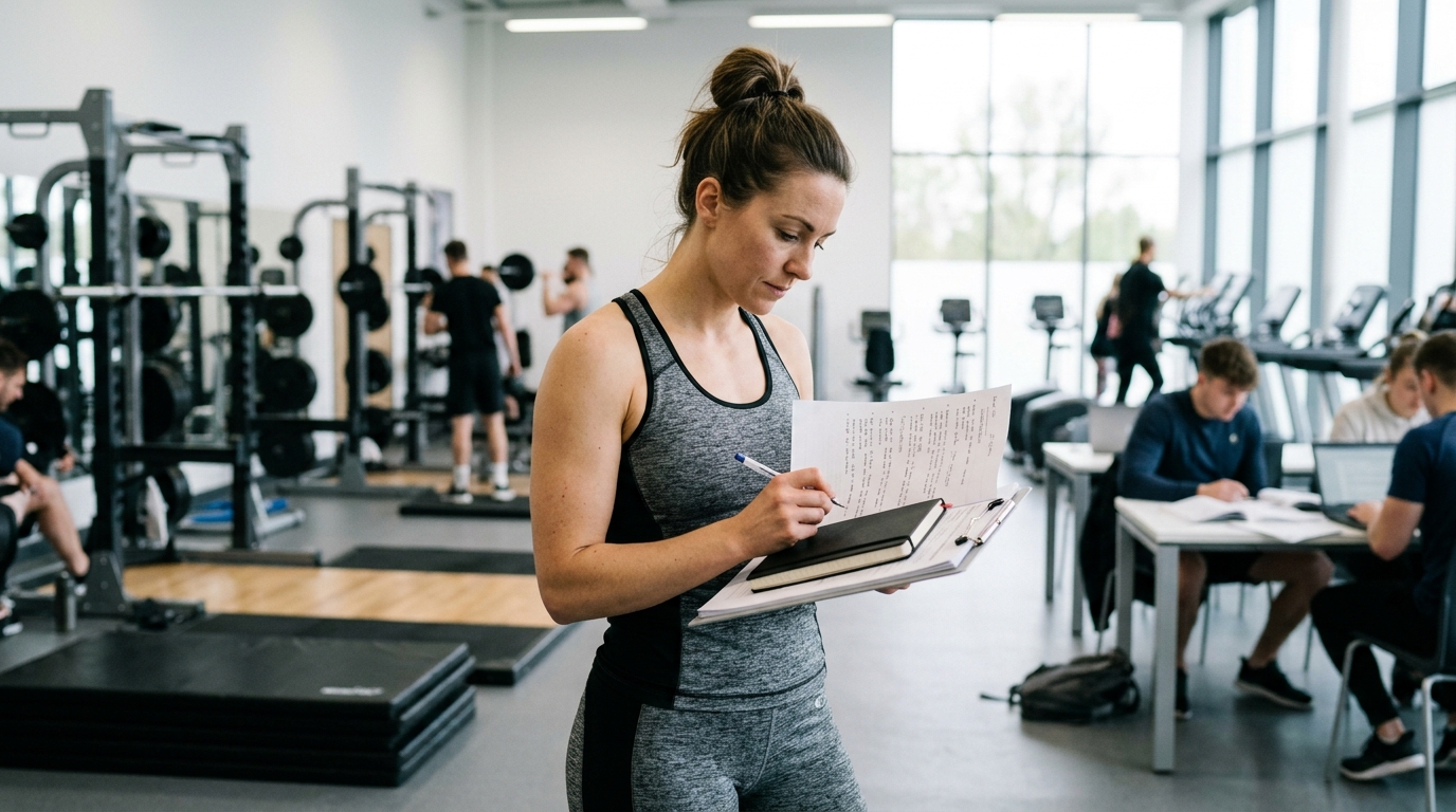 Aspiring fitness professional reviewing study materials and training notes in modern fitness gym