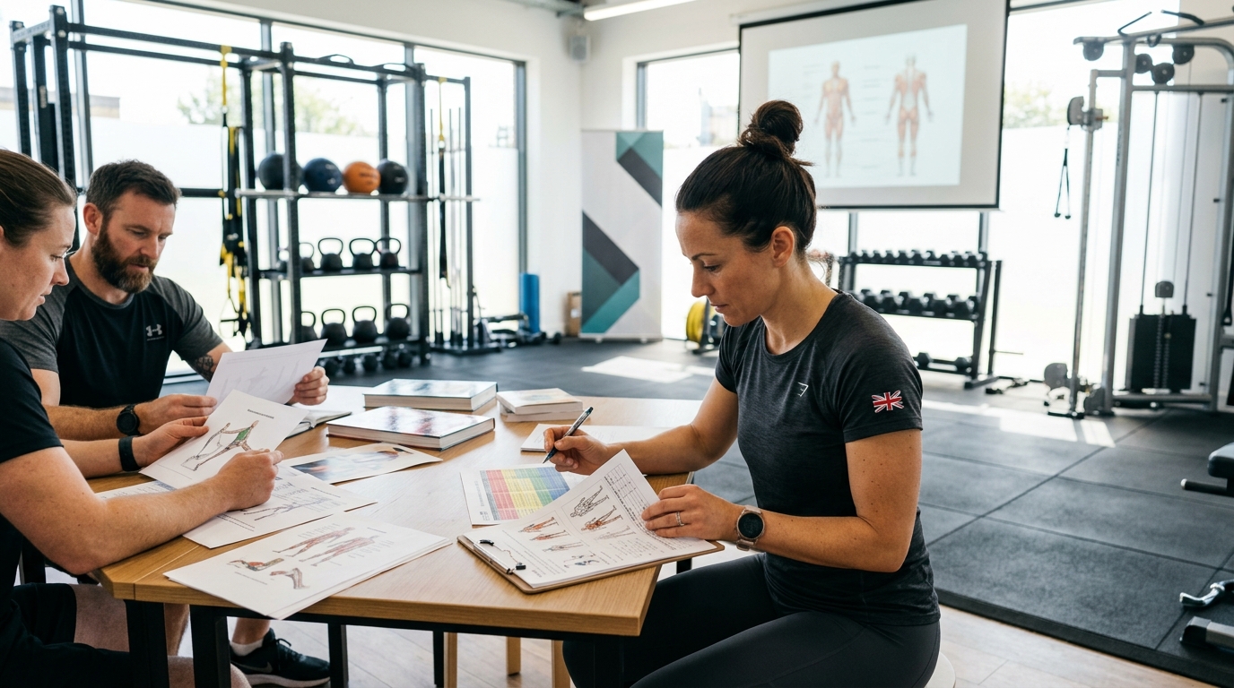 Fitness professional reviewing research papers and training protocols in CPD workshop