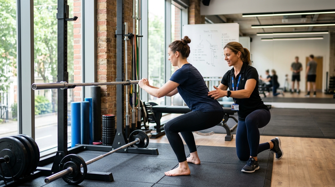 Fitness educator instructing personal trainer student on movement assessment and coaching technique